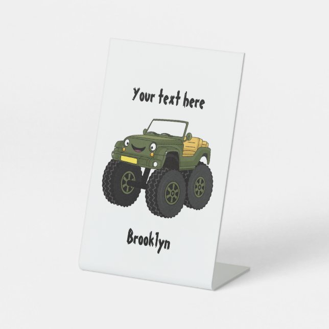 Green monster truck cartoon illustration  pedestal sign (Front)