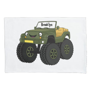 Green monster truck cartoon illustration pillow case