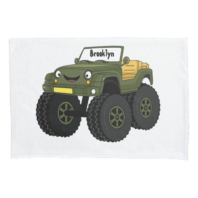 Green monster truck cartoon illustration pillow case (Front)