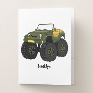 Green monster truck cartoon illustration pocket folder