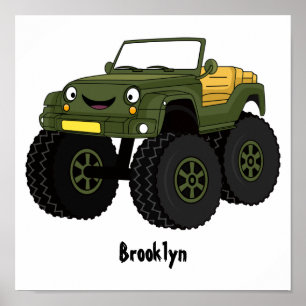 Green monster truck cartoon illustration poster