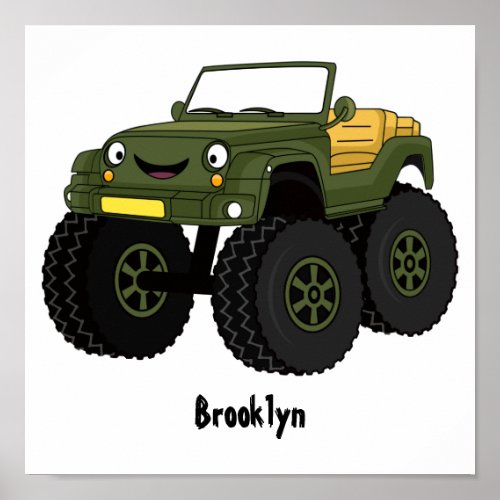Green monster truck cartoon illustration poster