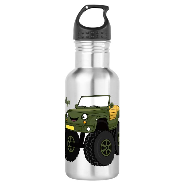 Green monster truck cartoon illustration stainless steel water bottle (Front)
