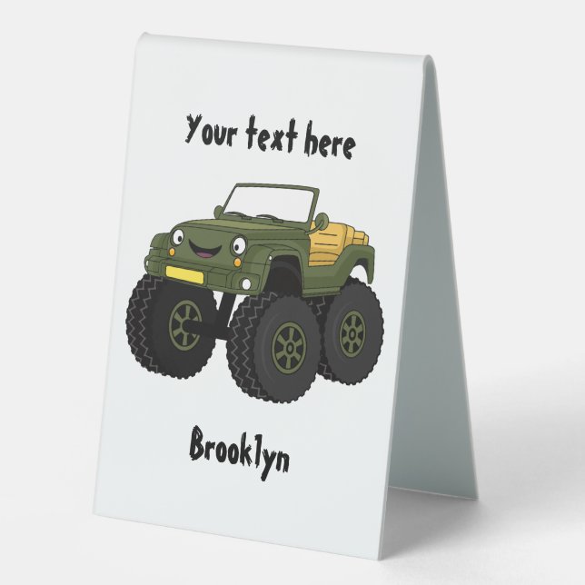 Green monster truck cartoon illustration  table tent (Front)