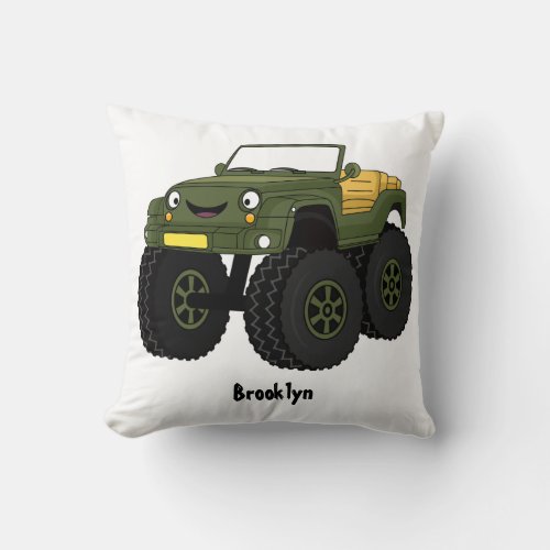 Green monster truck cartoon illustration throw pillow