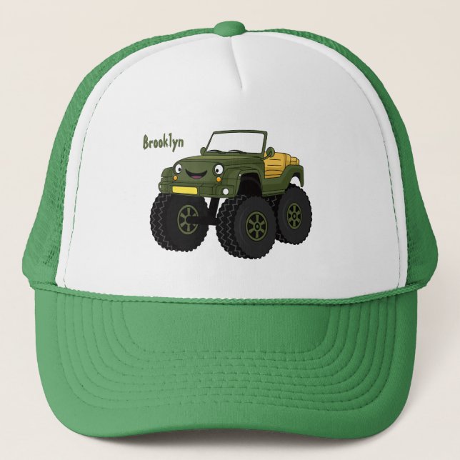 Green monster truck cartoon illustration trucker hat (Front)