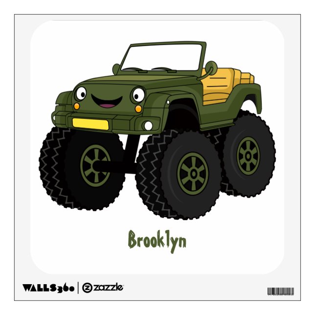 Green monster truck cartoon illustration wall decal (Front)