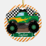 Green Monster Truck, Checkered Flag; Orange Stripe Ceramic Ornament at Zazzle