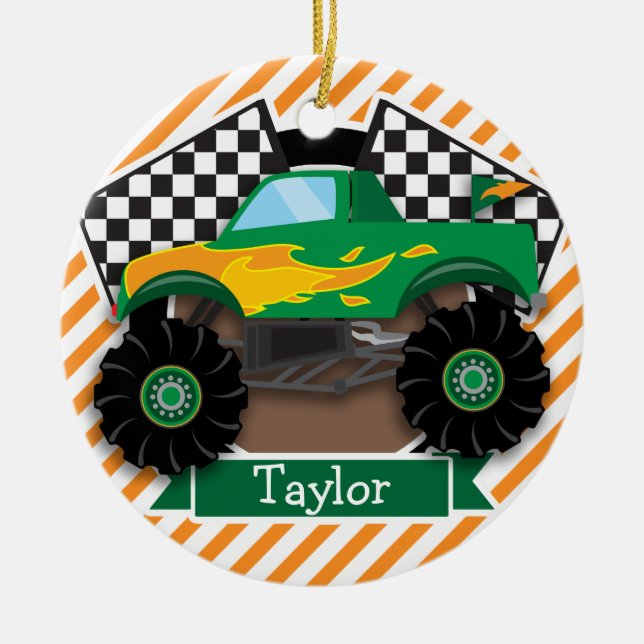 Green Monster Truck, Checkered Flag; Orange Stripe Ceramic Ornament (Front)