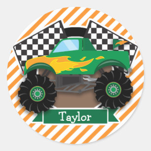Green Monster Truck, Checkered Flag; Orange Stripe Classic Round Sticker