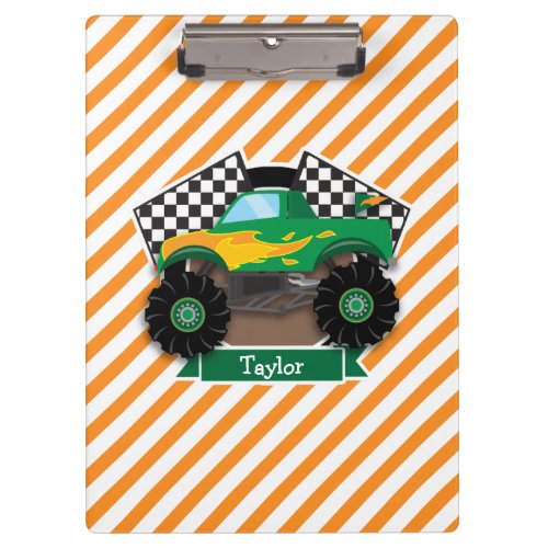 Green Monster Truck Checkered Flag Orange Stripe Clipboard