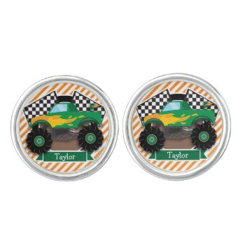 Green Monster Truck  Checkered Flag; Orange Stripe Cufflinks by Birthday_Party_House at Zazzle