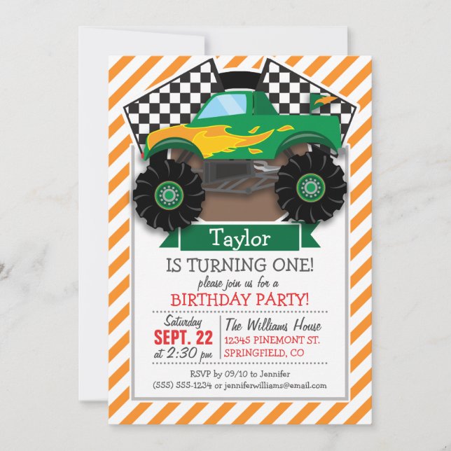 Green Monster Truck, Checkered Flag; Orange Stripe Invitation (Front)