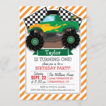 Green Monster Truck  Checkered Flag; Orange Stripe Invitation by Birthday_Party_House at Zazzle