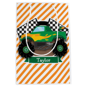 Green Monster Truck, Checkered Flag; Orange Stripe Medium Gift Bag