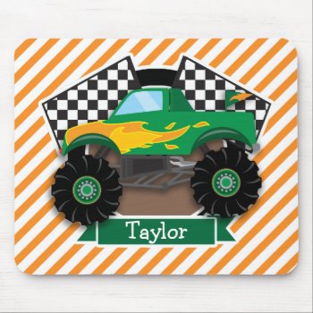 Green Monster Truck  Checkered Flag; Orange Stripe Mouse Pad by Birthday_Party_House at Zazzle