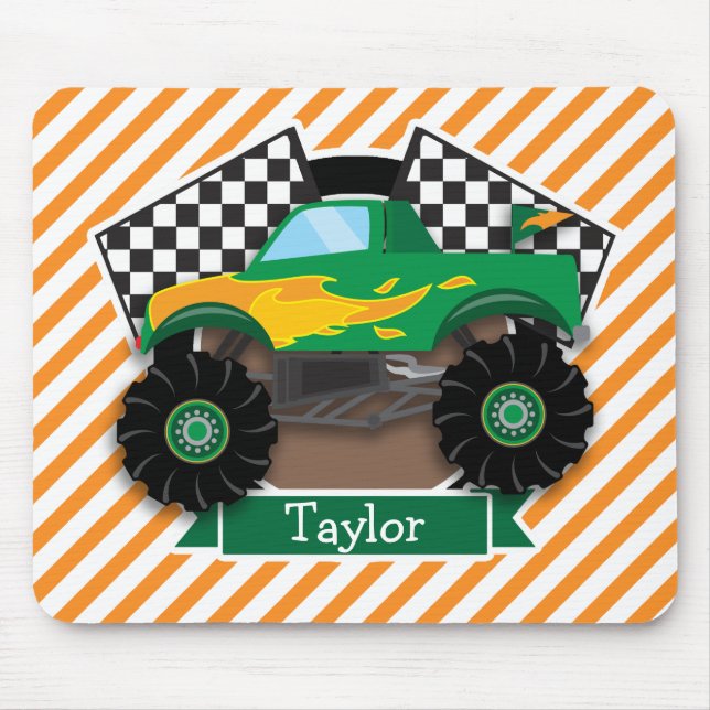Green Monster Truck, Checkered Flag; Orange Stripe Mouse Pad (Front)