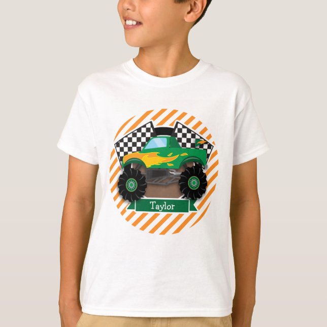 Green Monster Truck, Checkered Flag; Orange Stripe T-Shirt (Front)