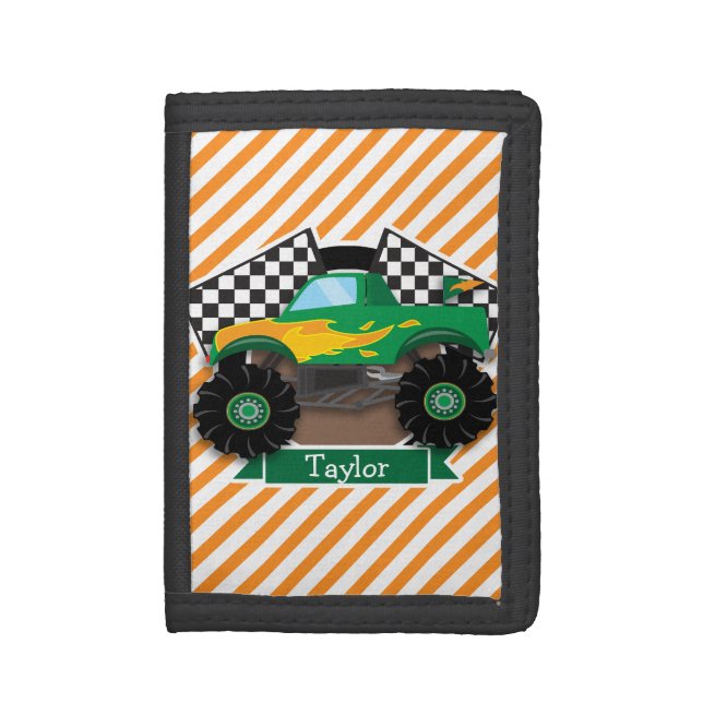 Green Monster Truck, Checkered Flag; Orange Stripe Trifold Wallet (Front Vertical)