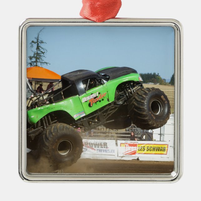 Green Monster Truck In Action Metal Ornament (Front)