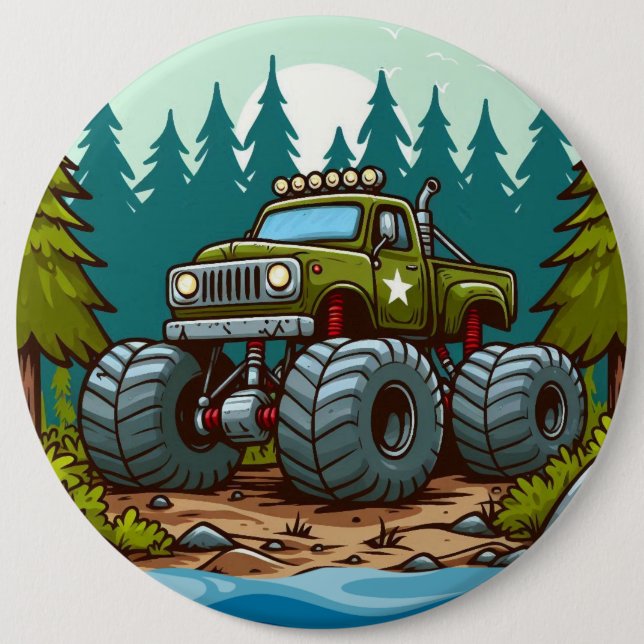 Green Monster Truck in the forest Button (Front)