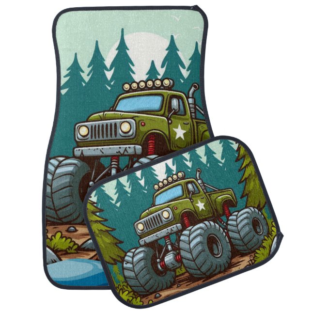 Green Monster Truck in the forest Car Floor Mat (Set)