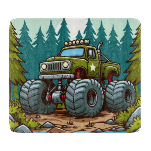 Green Monster Truck in the forest Cutting Board