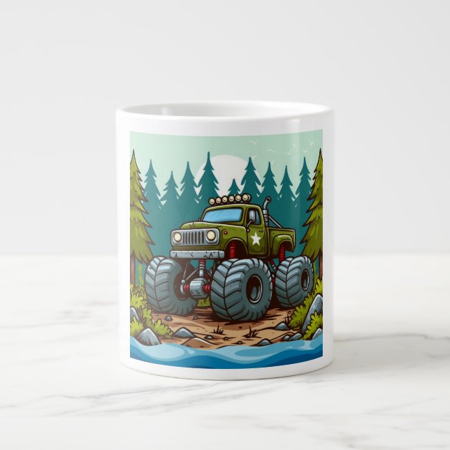 Green Monster Truck in the forest Giant Coffee Mug (Front)
