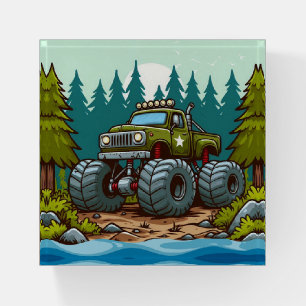 Green Monster Truck in the forest Paperweight