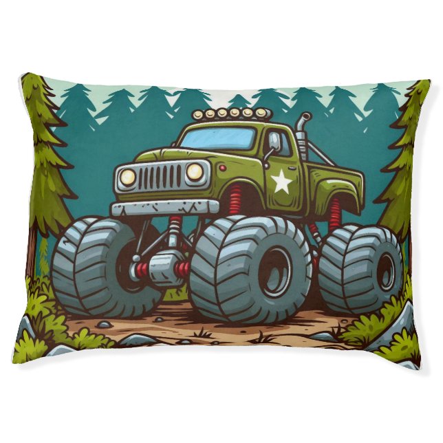 Green Monster Truck in the forest Pet Bed (Front)