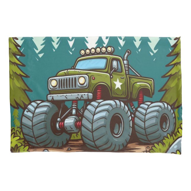 Green Monster Truck in the forest Pillow Case (Front)