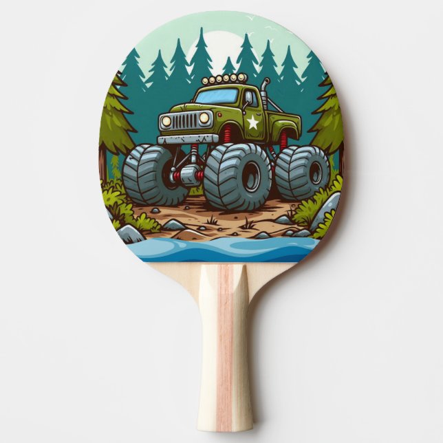 Green Monster Truck in the forest Ping Pong Paddle (Front)