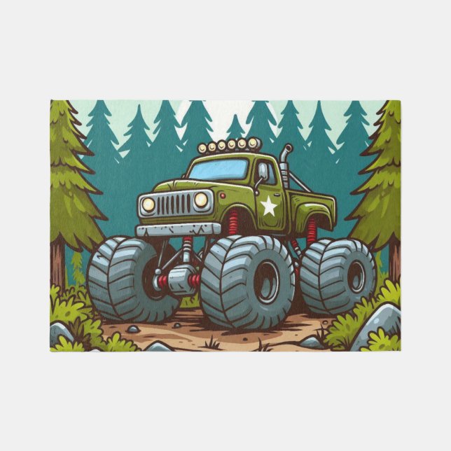 Green Monster Truck in the forest Rug (Front)