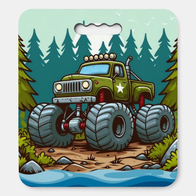 Green Monster Truck in the forest Seat Cushion (Front Vertical)