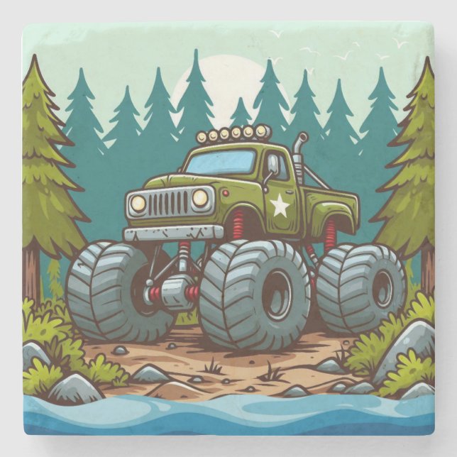 Green Monster Truck in the forest Stone Coaster (Front)