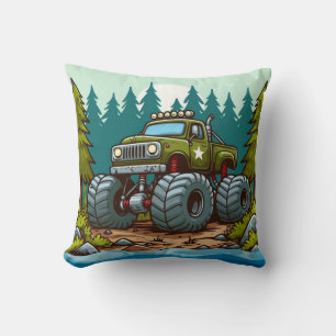 Green Monster Truck in the forest Throw Pillow