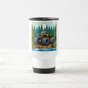 Green Monster Truck in the forest Travel Mug