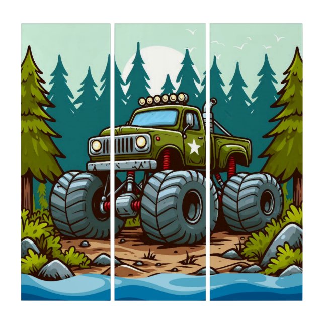 Green Monster Truck in the forest Triptych (Front)