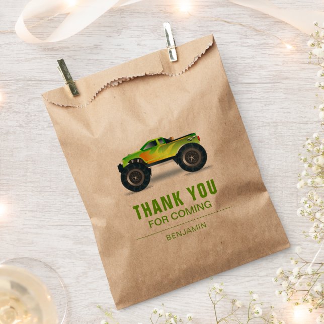 Green Monster Truck Kids Birthday Party Favor Bag (Clipped)