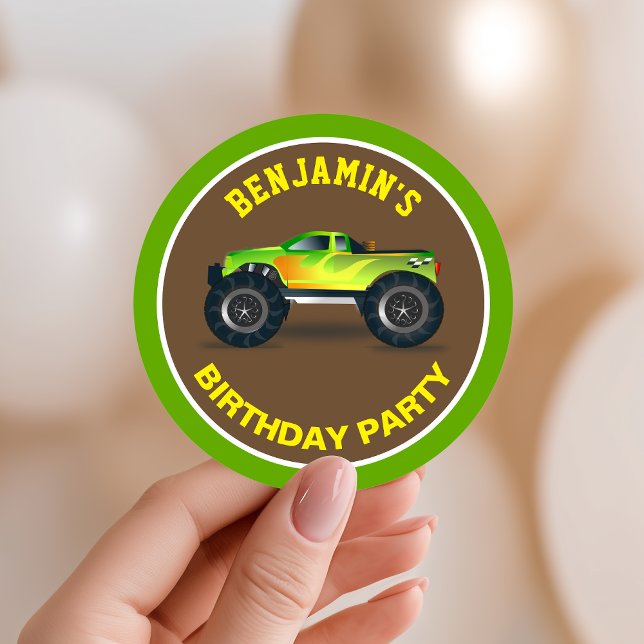 Green Monster Truck Kids Birthday Party Favor Classic Round Sticker (Creator Uploaded)