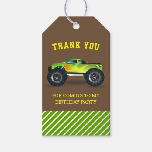 Green Monster Truck Kids Birthday Party Favor Gift Tags