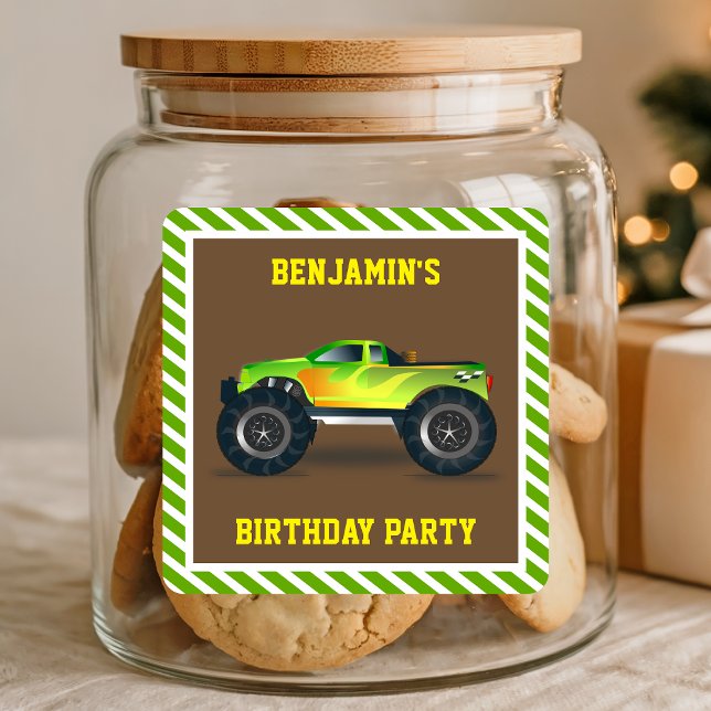 Green Monster Truck Kids Birthday Party Favor Square Sticker (Creator Uploaded)