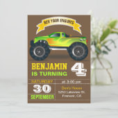 Green Monster Truck Kids Birthday Party Invitation (Standing Front)