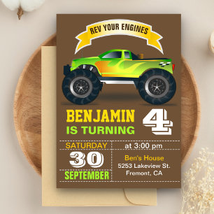 Green Monster Truck Kids Birthday Party Invitation