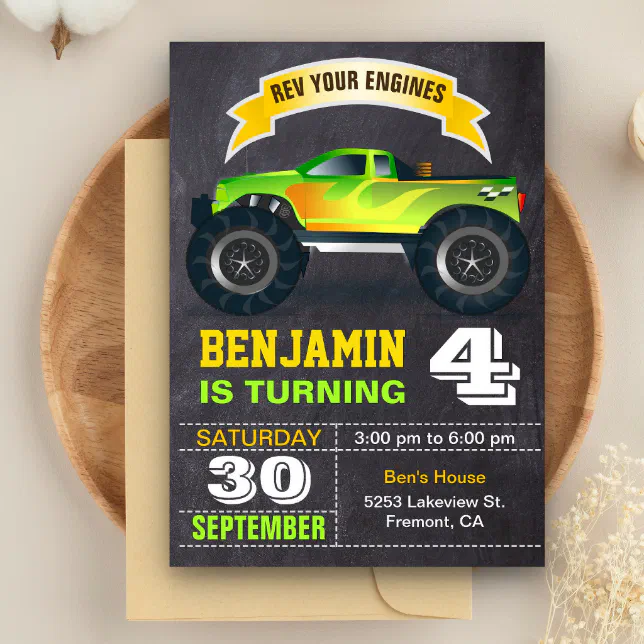 Green Monster Truck Kids Birthday Party Invitation | Zazzle