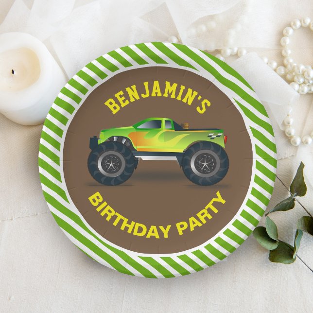 Green Monster Truck Kids Birthday Party Paper Plates (Creator Uploaded)