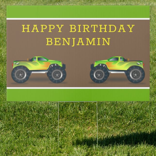 Green Monster Truck Kids Birthday Party Sign (Insitu)