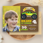 Green Monster Truck Kids Photo Birthday Party Invitation<br><div class="desc">Amaze your guests with this cool birthday party invite featuring a green and yellow monster truck with modern typography against a brown background. Simply add your event details on this easy-to-use template and adorn this card with your child's favorite photo to make it a one-of-a-kind invitation. Flip the card over...</div>
