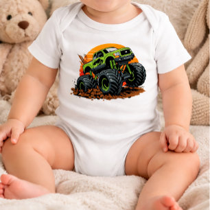 Green Monster Truck Off-Road Racing Illustration Baby Bodysuit
