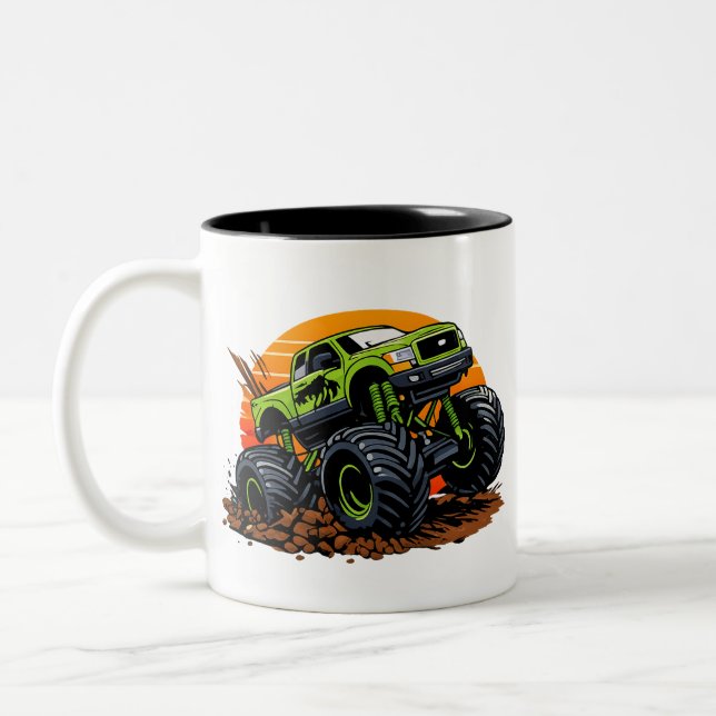Green Monster Truck Off-Road Racing Illustration Two-Tone Coffee Mug (Left)